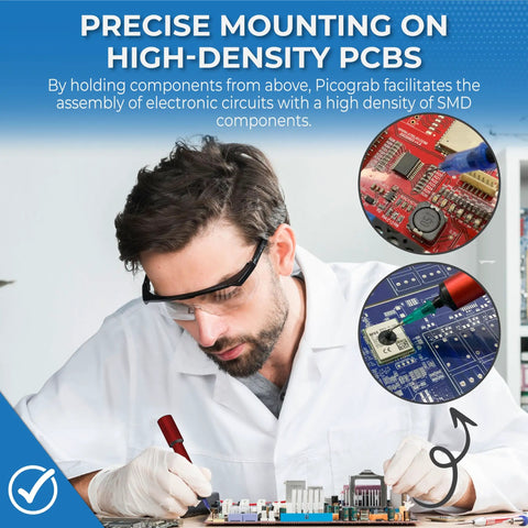 Technician using Cordless Pro Grade ESD Vacuum Pickup Tool for IC chips and SMD rework on PCB.