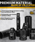Three Eighths Drive Impact Socket Set With Fifty Piece Shallow And Deep Sockets In Metric And Standard, Universal Joint, Extension Bar, One Half To Three Eighths Reducer, Hex Shank Socket Adapter, And Ratchet Handle made of CR-V steel