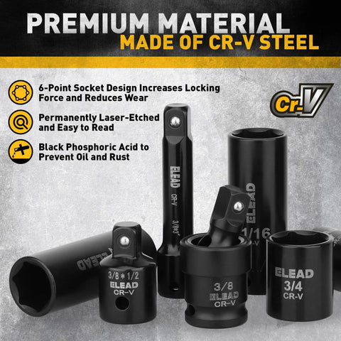 Three Eighths Drive Impact Socket Set With Fifty Piece Shallow And Deep Sockets In Metric And Standard, Universal Joint, Extension Bar, One Half To Three Eighths Reducer, Hex Shank Socket Adapter, And Ratchet Handle made of CR-V steel