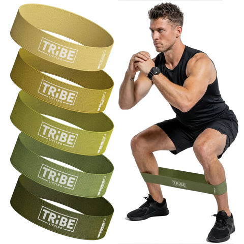 Thick Fabric Resistance Bands For Legs And Glutes Five Exercise Bands Set That Stays Put During Squats And Lunges in use by a man