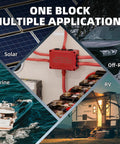 Heavy Duty Copper Bus Bar Power Distribution Block Set With Waterproof Covers For 12V 500A Systems shown in solar, marine, RV, and off-road applications.