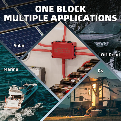 Heavy Duty Copper Bus Bar Power Distribution Block Set With Waterproof Covers For 12V 500A Systems shown in solar, marine, RV, and off-road applications.
