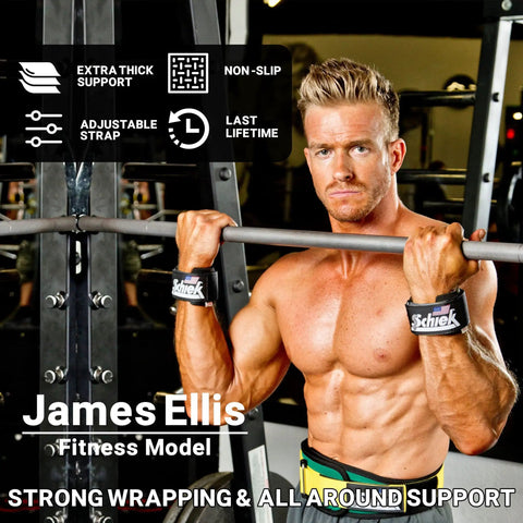Deluxe Dowel Lifting Straps 1000 DLS Heavy Duty Straps designed for wrist support during powerlifting by fitness model in gym.