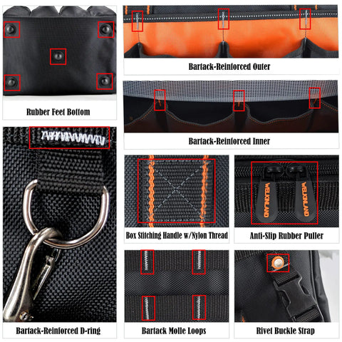 Close-up of features on the 20 Inch Electrician Tool Bag Pro Grade Beast Heavy Duty Tote, including pockets and reinforcements.