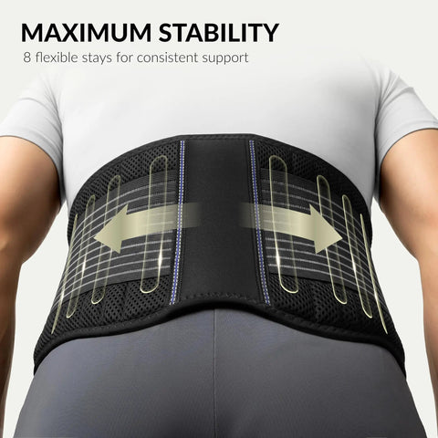 Back Support Belt For Lower Back Pain Relief With Breathable Lumbar Wrap And Dual Adjustable Straps For Men And Women All Day Comfort 35-43 Inches L XL showing flexible stays for stability.