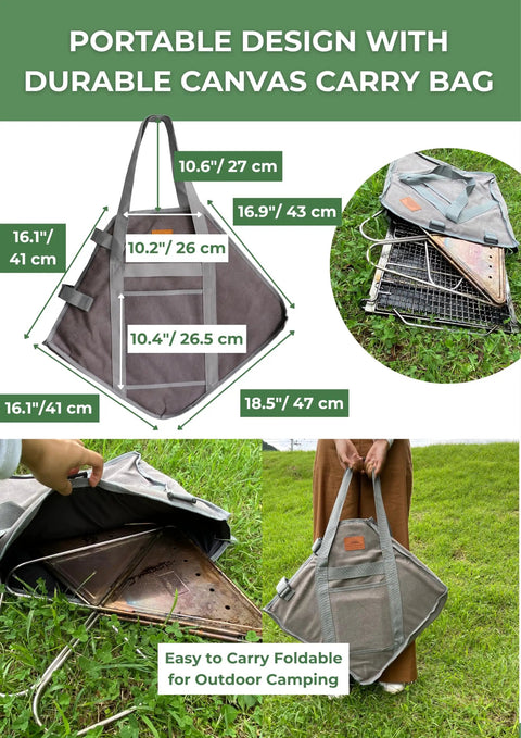 Three In One Flatpack Portable Fire Pit And Grill 16 Inch Heavy Duty Stainless Steel Camping Stove in canvas carry bag