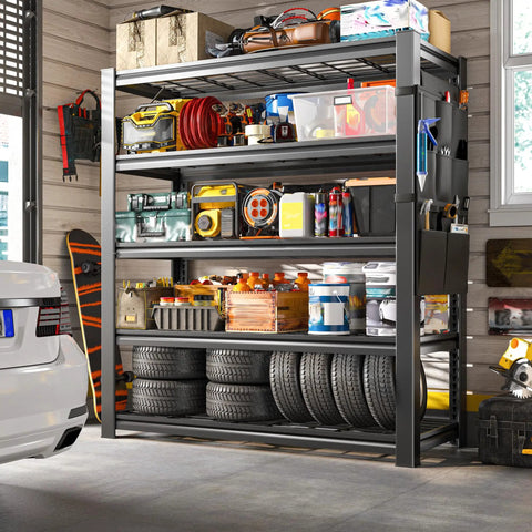 Heavy Duty Garage Shelving Unit 2500 Lbs Total Load, 5 Tier Metal Shelves With Tool Storage Bag, Adjustable Industrial Storage For Basement And Garage Organization, 38.2 W x 66 H x 16 D, loaded with tires and tools