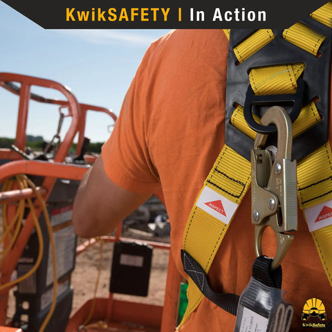 Worker wearing Tornado Assembly 1D Ring Full Body Safety Harness with 50 ft vertical lifeline on construction site.