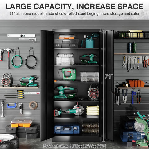 Open lockable 71 inch metal storage cabinet with 2 doors and 6 adjustable shelves, filled with tools and supplies, in workshop setting