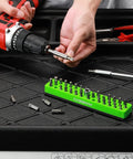 One Quarter Inch Hex Bit Organizer With Magnetic Base In Green Holds Up To Forty Three Hex Bits Built Tough Magnetic Bit Tray For Sockets And Drivers Durable Polypropylene Construction Compact 43 Bit Holder on workbench with tools
