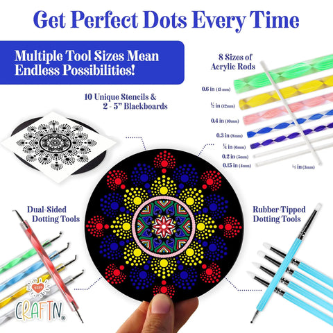 Beginner Mandala Painting Kit With 46 Pieces, Acrylic Paints, Reusable Stencils And Dotting Tools showing tools and mandala design