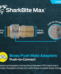 Push To Connect To 1/2 Inch MNPT Brass Plumbing Fitting Adapter Pack Of 12 1/2 Inch Push To Connect X 1/2 Inch MNPT Quick Install No Soldering Needed UR120, brass male adapter, side view