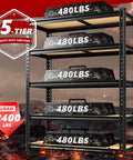 Beefy 2400 Lbs Garage Shelving System With 5 Adjustable Tiers showcasing heavy duty storage capacity of 480 lbs per shelf