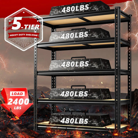 Beefy 2400 Lbs Garage Shelving System With 5 Adjustable Tiers showcasing heavy duty storage capacity of 480 lbs per shelf