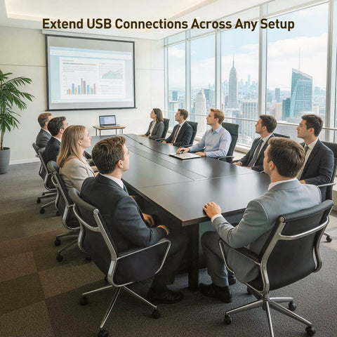 Active USB Extension Cable Sixteen Feet Four Inches Long USB Two Point Zero Extender For Webcam shown in office meeting room