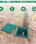 Heavy Duty 16X16X16 Inch Underground Splice Box With Solid Cover in trench with exposed cables and green lid.