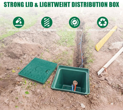 Heavy Duty 16X16X16 Inch Underground Splice Box With Solid Cover in trench with exposed cables and green lid.