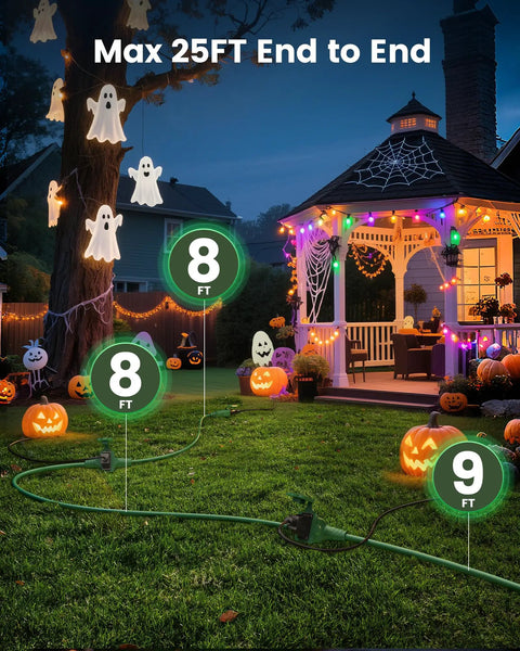 Heavy Duty 25 Foot Outdoor Extension Cord With Triple Waterproof Outlets For Patio Parties And Holiday Displays in a decorated yard.