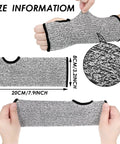 Set Of Three Cut Resistant Arm Sleeves Lightweight Thumb Hole Guards For Yard Work Kitchen Chores showing size details and stretchy material.