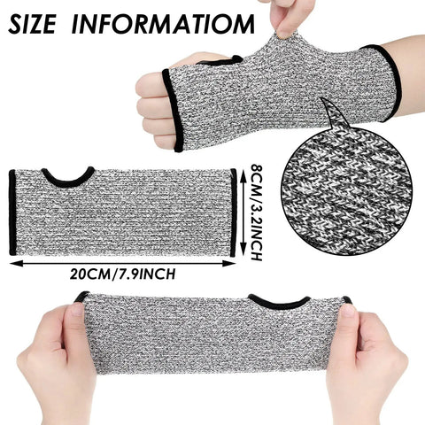 Set Of Three Cut Resistant Arm Sleeves Lightweight Thumb Hole Guards For Yard Work Kitchen Chores showing size details and stretchy material.