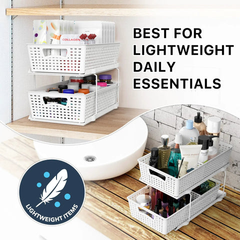 Total Game Changer Slick Sliding Under Sink Organizer With Adjustable Divider And Portable White Baskets for organizing lightweight daily essentials.