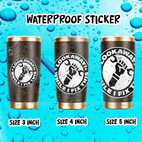 Funny Handyman Mechanic Sticker Set Waterproof Vinyl Decals For Cars Trucks Laptops Helmets Water Bottles Bicycles Luggage And More Easy Peel And Stick 4 Inch showing 3-5 inch sizes on blue background