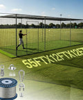 35Ft Baseball Batting Cage Net With 165Ft Heavy Duty Wire Tension Kit shown in backyard setup with player practicing.