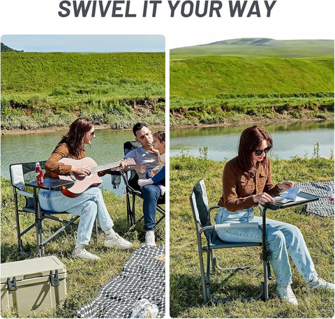 People sitting on Heavy Duty 300 Lb Folding Director Chair With 2 Way Rotating Side Table by a scenic outdoor area.