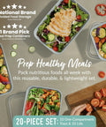Top view of mint color 20-piece one-compartment meal prep containers with healthy meals and lids displayed.