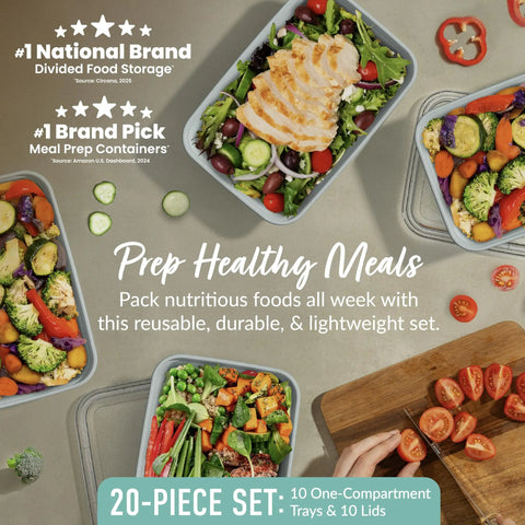 Top view of mint color 20-piece one-compartment meal prep containers with healthy meals and lids displayed.