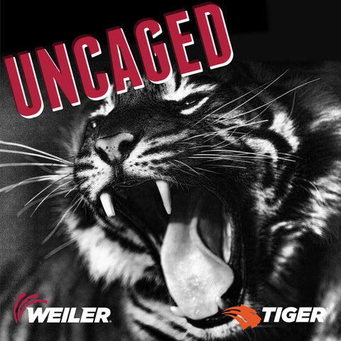 Close-up of a snarling tiger with open mouth, accompanied by the words 'Uncaged' and logos for Weiler and Tiger brands.