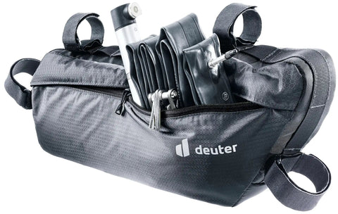 Mondego 6L Bike Frame Bag For Commuting And Road And Gravel Riding Ultra Lightweight And Durable Frame Pack with zipper open showing contents.