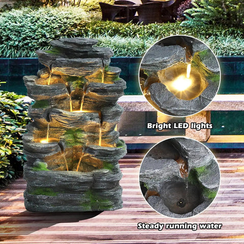 Outdoor 7 Tier Cascading Rock Water Fountain With Six LED Lights for garden patio yard decor natural stone look