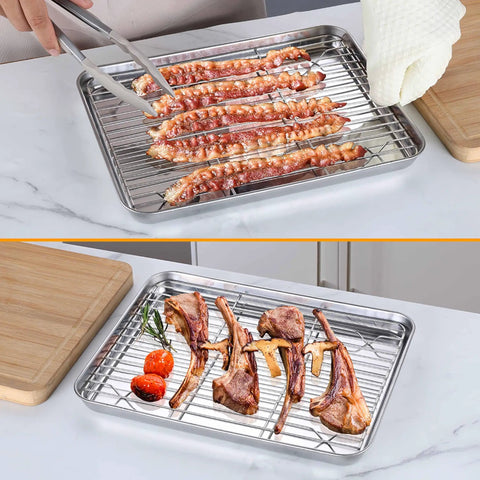 Stainless Steel Quarter Sheet Pan With Rack 9x13 Inch, showing bacon and lamb chops on a wire cooling rack for toaster ovens