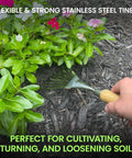 Eco Hand Rake And Soil Tiller For Gardening, 100 Percent Recycled Stainless Steel, Rust Resistant Prongs in use on mulch