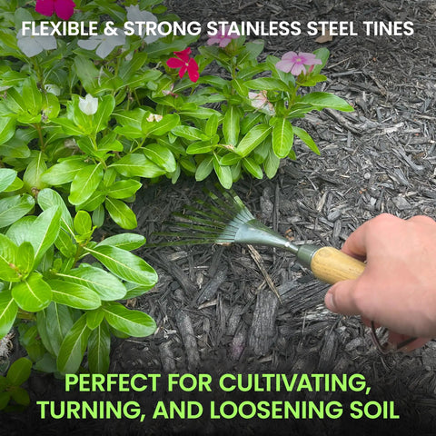 Eco Hand Rake And Soil Tiller For Gardening, 100 Percent Recycled Stainless Steel, Rust Resistant Prongs in use on mulch