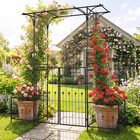 Garden Arbor With Gate And Planter, Metal Arch Trellis With Double Doors, 79x81 inches, roses climbing, outdoor archway scene