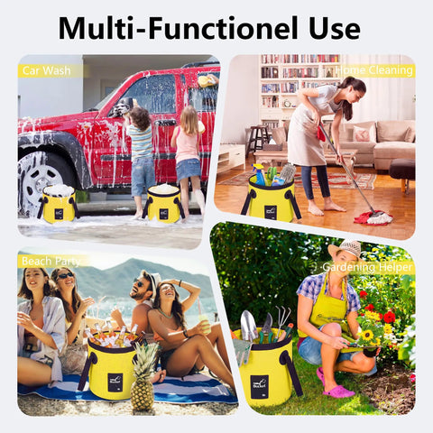 Foldable 3.2 Gallon Water Bucket with handle used for car wash, home cleaning, beach party, and gardening in multi-scenes.