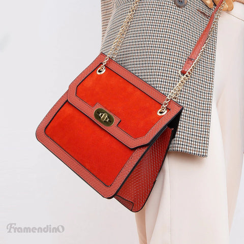 Framendino red leather handbag with gold-tone turn-lock clasp and chain strap