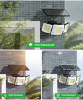 Beefy 1200 Lumen Solar Flood Light Outdoor Waterproof with Dual Motion Sensor mounted on wall, shown in rain, heat, and frost conditions.
