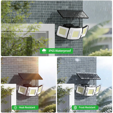Beefy 1200 Lumen Solar Flood Light Outdoor Waterproof with Dual Motion Sensor mounted on wall, shown in rain, heat, and frost conditions.