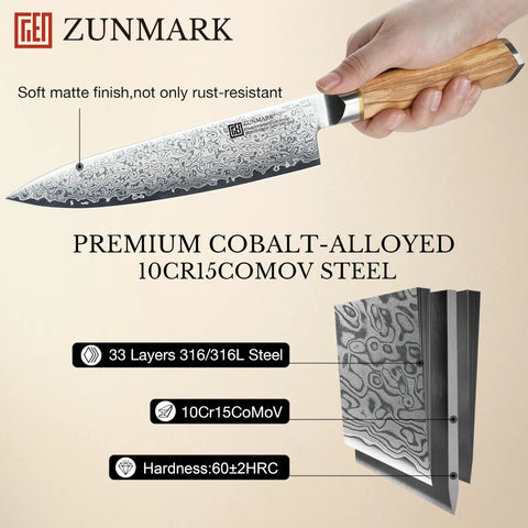 Eight Inch Damascus Steel Chef Knife With A Smooth Olive Wood Handle And Razor Sharp 10Cr15CoMoV Core, showcasing blade and handle.