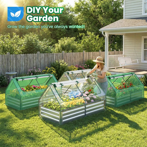 Raised Garden Bed With Cover And Mini Greenhouse Kit For Outdoor Use Galvanized Metal Planter Box Includes Two Screen Window Panels 20 T Tags Gloves Perfect For Growing Veggies And Herbs 6x3x1ft shown with flowers.