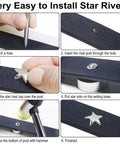Process of using Dope 200 Sets Leather Rivets Kit With Star Studs For Leather Crafting and Repair shown in six steps with tools.