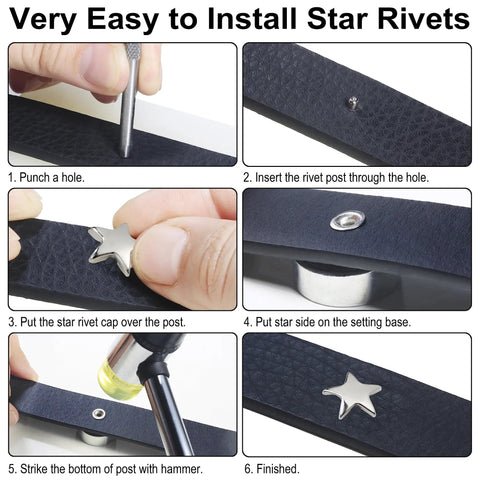 Process of using Dope 200 Sets Leather Rivets Kit With Star Studs For Leather Crafting and Repair shown in six steps with tools.