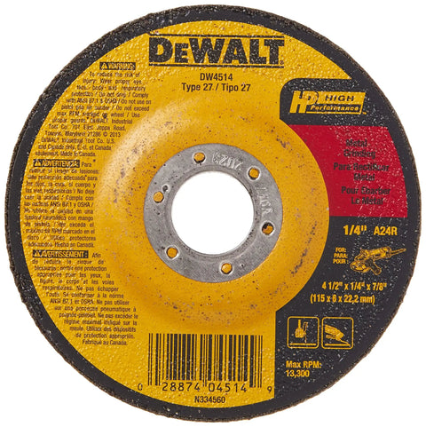 DeWalt grinding wheel, one quarter inch thick for metalwork, four and a half inch diameter, seven eighth inch arbor, aluminum oxide grain.