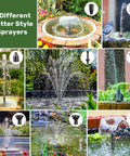 8W Solar Fountain Pump With 3600mAh Backup Battery showcasing 8 different water style sprayers for bird bath and small pond