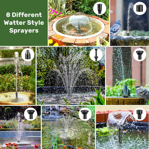 8W Solar Fountain Pump With 3600mAh Backup Battery showcasing 8 different water style sprayers for bird bath and small pond