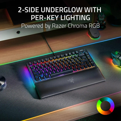 Slick Compact 75 Percent Mechanical Gaming Keyboard With Hot Swap Sockets Crisp Orange Tactile Switches Dope Chroma RGB Lighting Aluminum Frame Clutch Volume Knob Plush Wrist Rest Perfect For Any Modern Desk Setup Renewed Black showcasing vibrant RGB lighting.