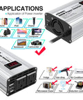 300W DC 12V To 110V Car Inverter With LED Display Dual USB Fast Charge Ports Up To 2.4A Each 2 AC Outlets for charging phones and tablets.